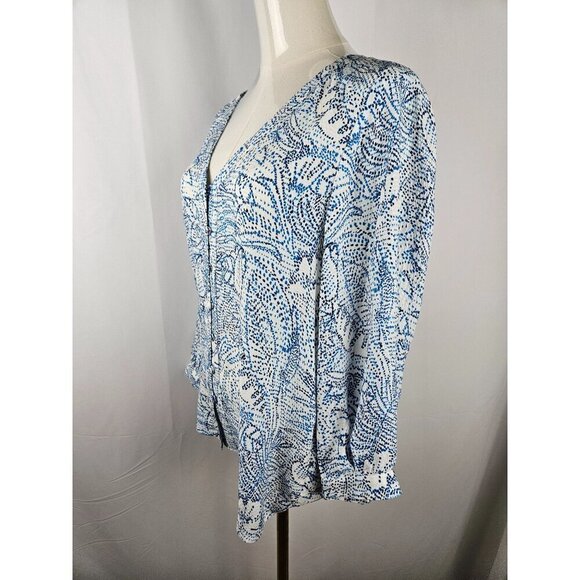 Parker Medium Silk 3/4 Sleeve Beverly Blouse Botanical Dots Floral Blue White - Picture 10 of 11